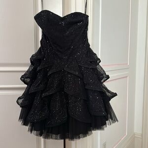 Black sequin strapless cocktail mini dress